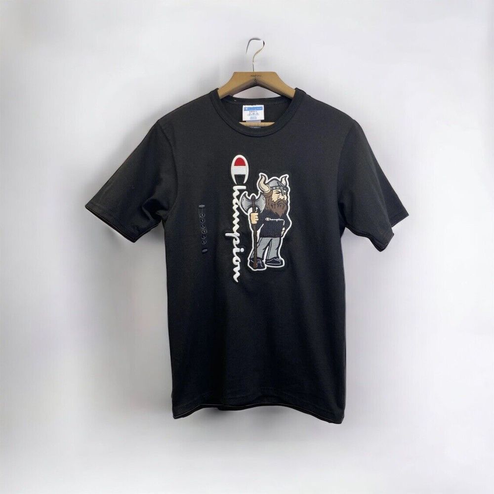 Champion Viking Graphic T-shirt Sz Small Black Athletic Tee Patch Cotton Sports